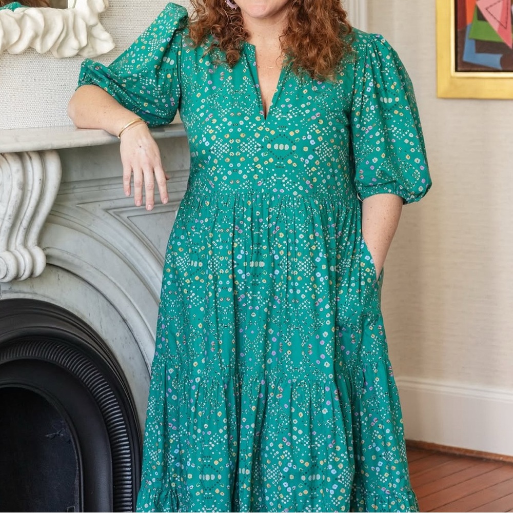 OLIPHANT Puff Sleeve Tiered Printed Midi Dress Teal Green Women's Small